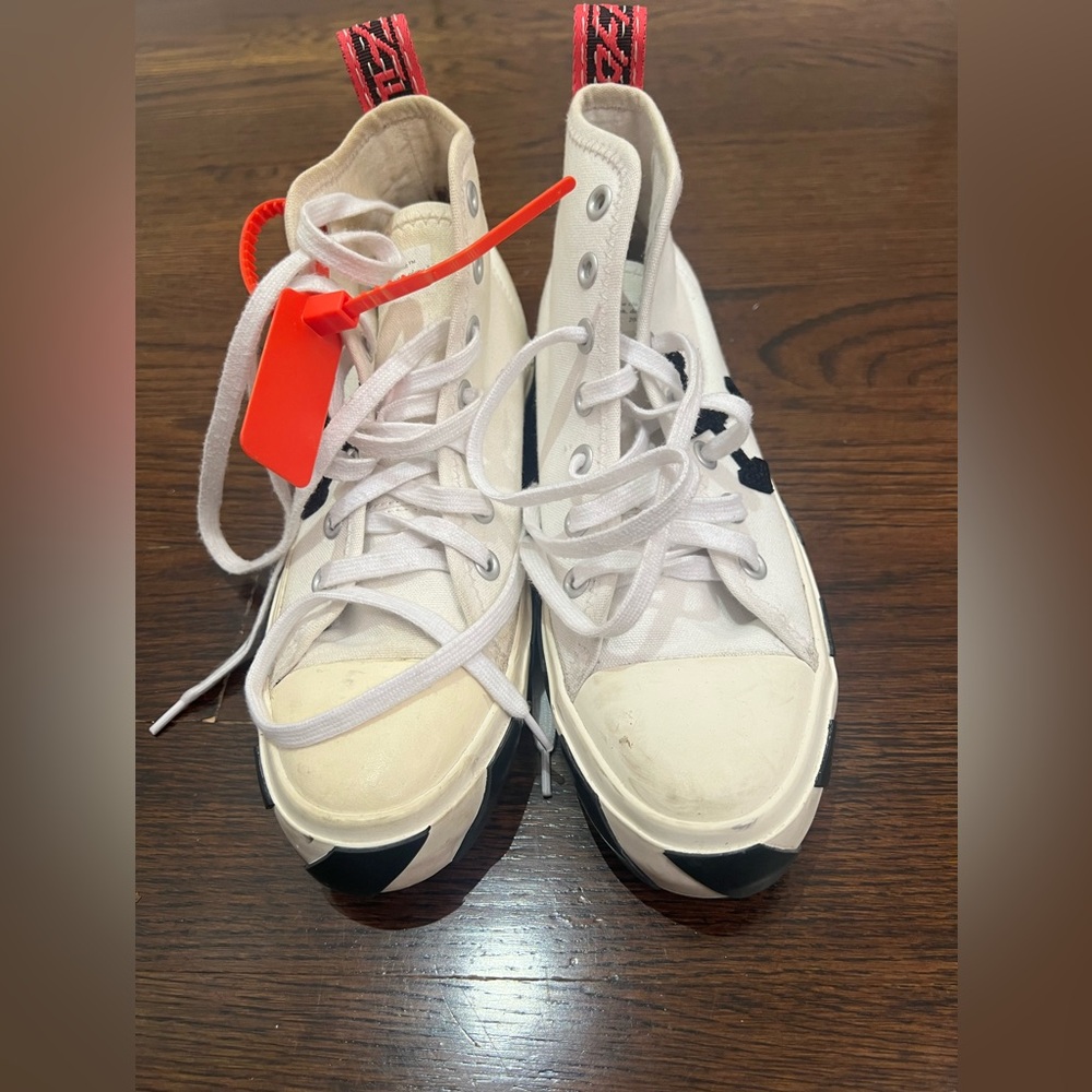 Off-White Cream High-Tops with Black Stripes